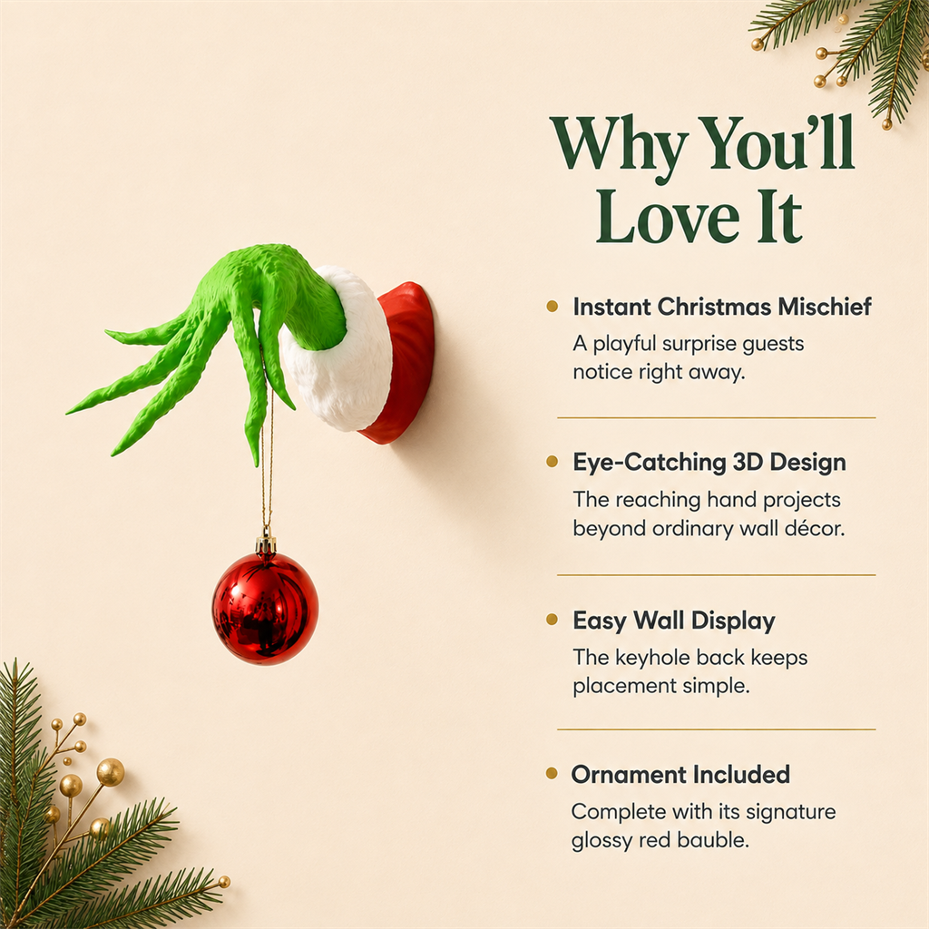 💚🎄 Grinch-Inspired Christmas Hand Wall Hanger – Funny Ornament Holder & Holiday Wall Décor