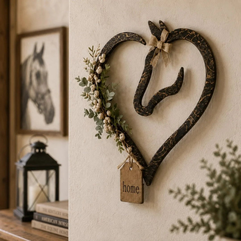 🎉Rustic Horse Heart Wall Decor with Greenery – Farmhouse Equestrian Home Accent