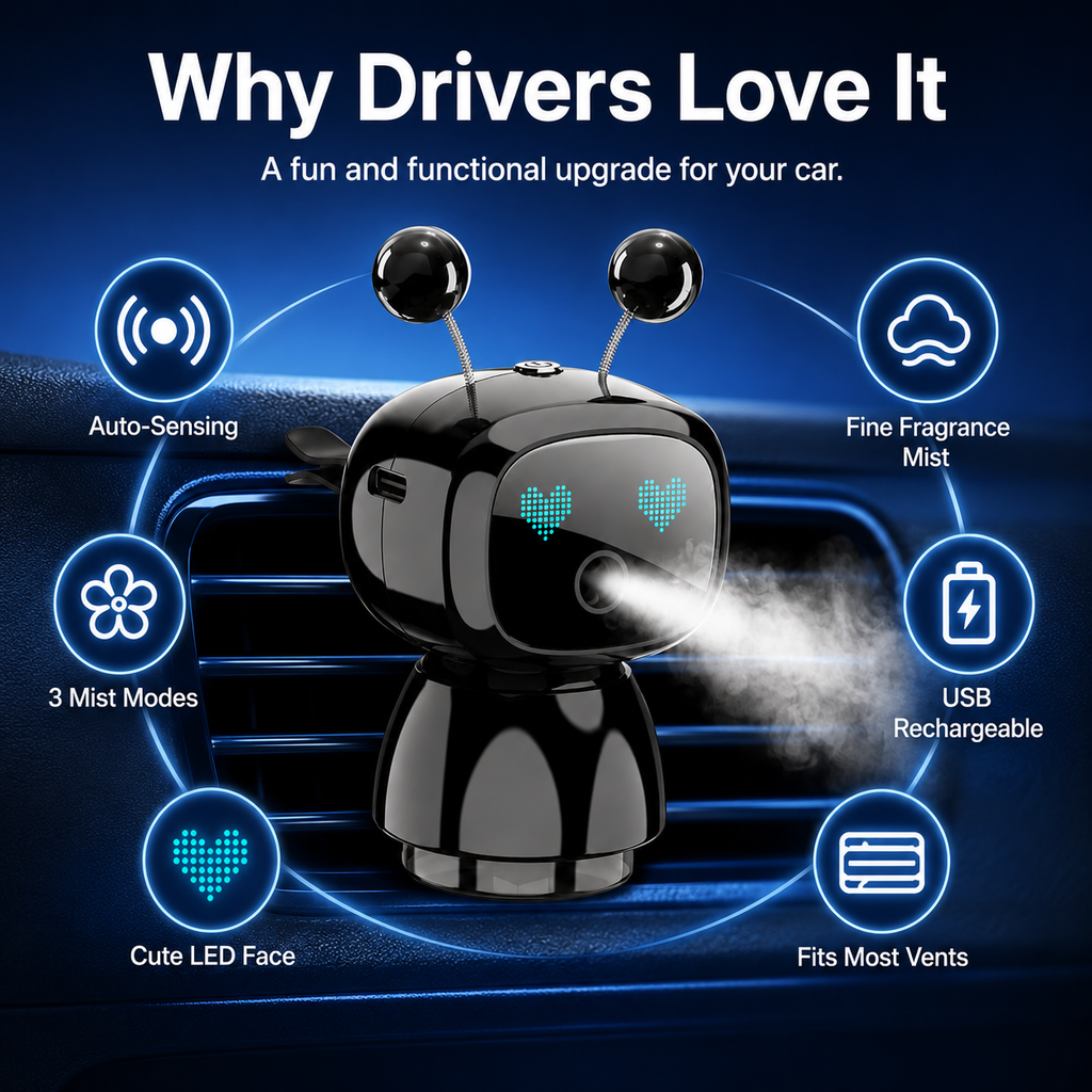Cute Robot Car Diffuser – Auto-Sensing Mist & LED Vent Freshener