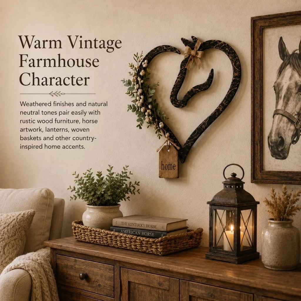 🎉Rustic Horse Heart Wall Decor with Greenery – Farmhouse Equestrian Home Accent
